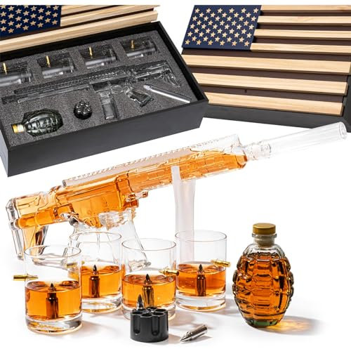 AR15 Carafe à décanter pour pistolet à whisky – 1000 ml – Coffret cadeau drapeau américain et verres à balles, refroidisseurs, carafes à canons, accessoires de fête, excellent cadeau pour l'armée, les