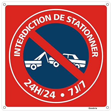 Goodvia Panneau Interdiction de Stationner Aluminium Réfléchissant Carré 300 mm, Stationnement Interdit 24H/24 7J/7 Panneau Durable, Imperméable et Résistant aux UV, 1PC