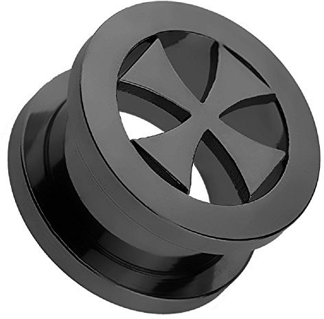 BlackAmazement Flesh Tunnel Plug Edelstahl Piercing Eisernes Kreuz Celtic Cross schwarz Silber (Schwarz 16 mm)