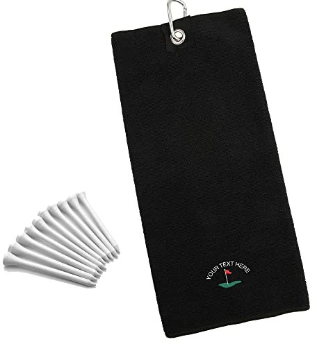 Personalised Golf Towel Plus 10 Tees - Tri Fold Microfibre Golf Towels for Golf Bags with Metal Carabiner Clip - Embroidered Golfers Gift for Dad Husband Him Her - Flagpole - BLACK