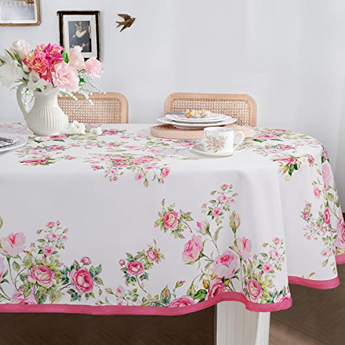 Bnejvif Pink Oval Tablecloth, Floral Oval Tablecloth, Pink Flowers Print Table Cloth, Spring Summer Waterproof Wrinkle Free Tablecloth for Oval Tables 60 X 102 Inch