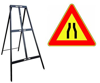 CARTELLO IN LAMIERA SCATOLATA TRIANGOLO lato 90cm - strettoia simmetrica - SEGNALE CATARIFRAGENTE CON CAVALLETTO (CARTELLO)