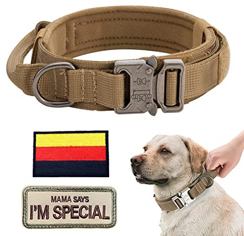 Eeyfarog Hundehalsband Verstellbar mit Kontrollgriff, Taktisch Halsband Nylon, Hunde Halsband Gepolstert, Metallschnalle, für Mittlere Große Hunde Jagd Training Outdoor, Braun XL Breit