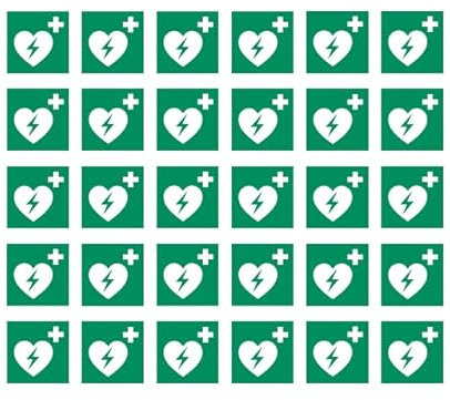 30 Aufkleber Defibrillator E010 - ø 5 cm - UV- und witterungsbeständig - ISO 7010 - nachhaltig - Gebotszeichen Gebotsschild Schild (5 cm, Defibrillator)