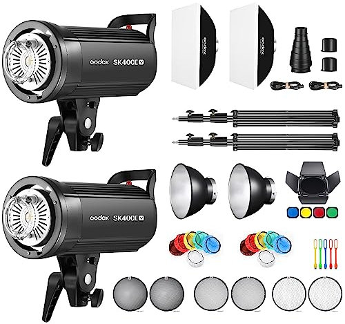 GODOX SK400IIV*2 Kit Professional Studio Strobe Flash LED Studioblitz Bowens Mount Dauerlicht Kit,400W,2.4G Wireless X System,5600±200K,Bowens Mount LED Modeling Lamp für Studio (SK400II Upgraded)