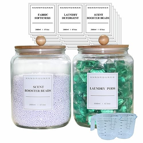 TAAMOG Lot de 2 bocaux en verre de 1,8 l pour l'organisation et le rangement de la buanderie, récipients en verre avec couvercles en bambou, 18 étiquettes pré-imprimées, 2 tasses à mesurer, joint