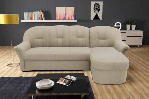 DOMO. collection Ecksofa Puno, kleines Sofa in L-Form mit Longchair, Couch, Polstermöbel, Eckcouch, 233 x 142 x 84 cm (BxTxH), schlamm (beige) | Longchair rechts mit runden Armlehnen, modernes Ecksofa in L-Form mit gemütlichem Sitzkomfort, 233 x 142 x 84 cm (BxTxH)