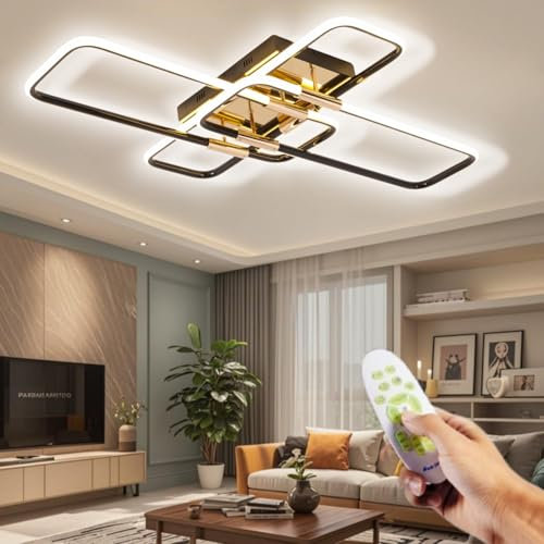 SXLXQM LED Deckenleuchte 68W Wohnzimmer Deckenlampe Modern Schwarz Gold Wohnzimmerlampe Dimmbar Mit Fernbedienung Deckenbeleuchtung Metall Design für Schlafzimmer Esszimmer Küche Kinderzimmer