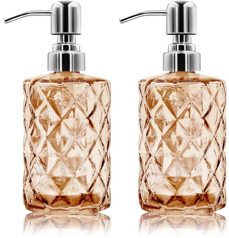 2 Pack 12 Oz Glass Soap Dispenser with Stainless Steel Pump, Refillable Liquid Hand Soap Dispenser for Bathroom, Vanity Countertop, Kitchen Sink, Laundry Room, Home Decor Accessories (Orange)