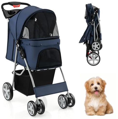 SOARS Hundebuggy, Hundewagen bis 15kg klappbar, Katzenwagen mit Netzfenstern & Getränkehalter & Aufbewahrungskorb, Haustier-Kinderwagen für kleine Haustiere (Dunkelblau)