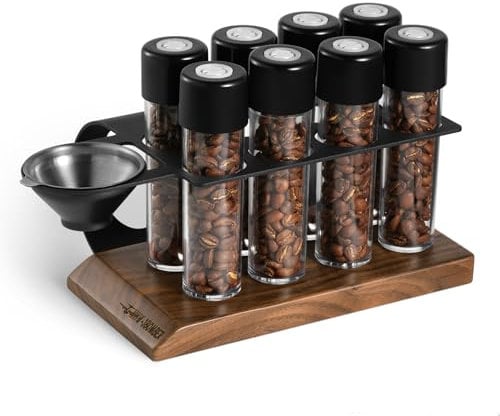 MHW-3BOMBER Single Dose Coffee Bean Cellars, Tubes Single Dose Coffee Bean Storage with Hopper 8 Tubes Exhaust Valve, Stainless Steels Display Stand Model: C5152-OS