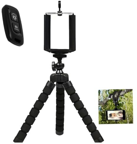 Flexible Mini Tripod Holder with Bluetooth Remote Shutter, Portable Travel Camera Mobile Phone Mount Compatible with Smartphone, Android Phones, 360 Degrees Rotation, Mini Phone Tripod, Black