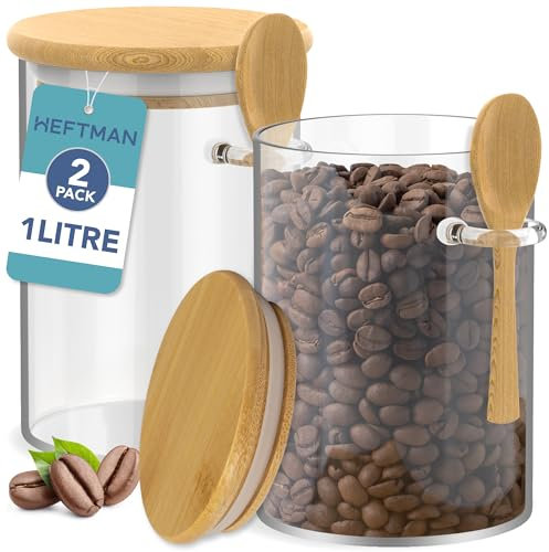 HEFTMAN Lot de 2 bocaux en verre avec couvercles en bambou – 1 litre avec couvercles hermétiques en bambou et cuillères pour café, sucre, épices, chocolat chaud avec joint en silicone