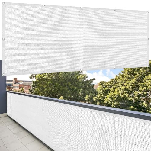 Balkon Sichtschutz mit Ösen 75 x 600 cm Uv-Schutz Balkonumspannung Balkonschutz mit Ösen Kabelbinder Und Kordel Sichtschutz für Balkon Terrasse, Weiß