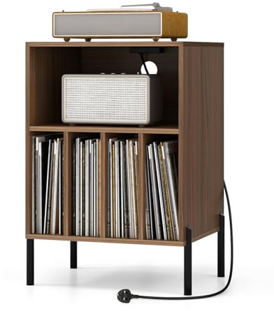 CASART Record Player Stand, Turntable Stand with Charging Station, Metal Legs & Cable Hole, Vinyl Record Storage Cabinet Holds up to 150 Albums End Table for Living Room Bedroom (Walnut)