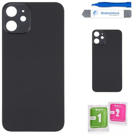 Globalstock Vitre arrière de Cache Batterie pour iphone 12 Remplacement - Coque Cache Batterie Compatible Noir + adhésif et Kit Outils