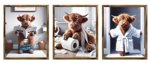 TWNSLLA Highland Cow Badezimmer-Dekoration, Wandkunst, Bauernhaus-Badezimmer-Wandkunst, Kuh auf Toilette, Wanddekoration, lustige Tier-Kunstdrucke für Toilette, ungerahmt, 20,3 x 25,4 x 3 Stück