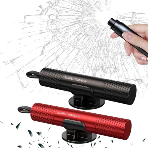 Yesimola Rompivetro Auto e Taglia Cintura, Taglia Cinture di Sicurezza e Rompivetro, 2 in 1 Rompi Vetro Auto Emergenza, Kit Emergenza Auto per Automobili Autobus e Altri Veicoli (Nero + Rosso)