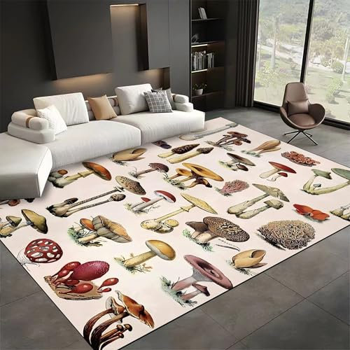 SMXVRC Pilz Thema Teppich, 70x140cm, ländlich Wald Pilz Wohnzimmerteppich, Retro Bauernhaus Dünn Kurzflor Komfort Anti Shedding Maschinenwaschbar Teppich für Innen Eingang Terrasse