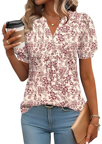Rapbin Womens Tops Short Sleeve V Neck Pleated T Shirts Casual Floral Printed Longline Tunic Blouse White Red Floral-XL(UK 18-20)