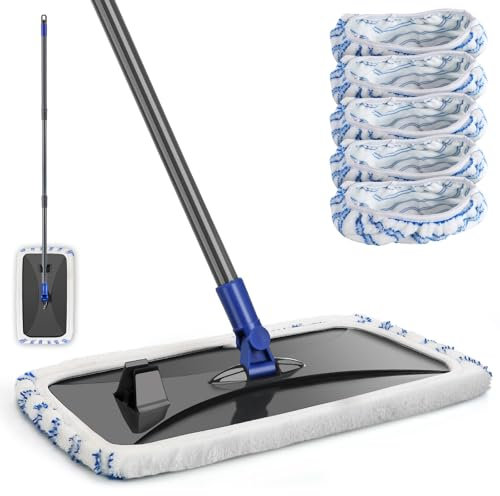 Myiosus Large Flat Mop, Hardwood Floor Mops with 5 Reusable Washable Pads for Cleaning Floors, Wet Dry Microfibre Mop for Home, Kitchen, Laminate, Tile Floors (Blue)