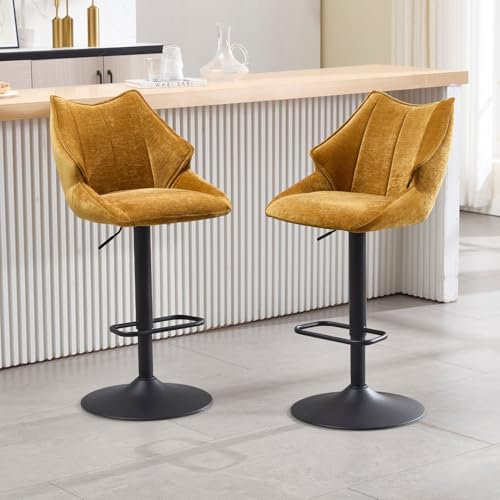 Ya-Home Barhocker 2er Set Barstuhl Chenille 360° Drehbar Küchenhocker Höhenverstellbar gepolsterter Tresenhocker Bistrohockermit lehne für Küche/Bar/Theke, Gelb