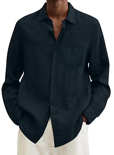 Camicie in Lino E Cotone Uomo Comode Leggera Henley Shirts Casual Taglie Forti Elegante Camicia da Spiaggia Coreana Maniche Lunghe Hawaii in Maglietta Vacanze Traspirante Tinta Unita T-Shirt da Uomo