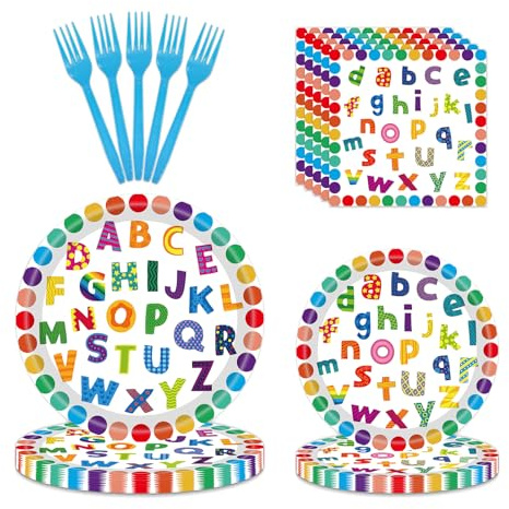 Lianxuia 96 PCS Colorful Alphabet Party Decorations, Disposable ABC Letters Paper Plates Napkins Set School Classroom Educations Party Supplies for Kids Birthday Baby Shower Alphabet Games, Serves 24