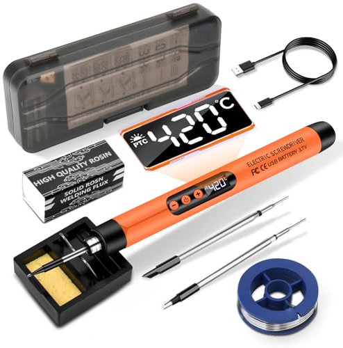 diymore USB-C Cordless Soldering Iron Kit with LCD Display Adjustable Temperature 260℃-420℃ Rechargeable Portable Soldering Pen for Electronics Repair, DIY Projects,Jewelry Making,Orange