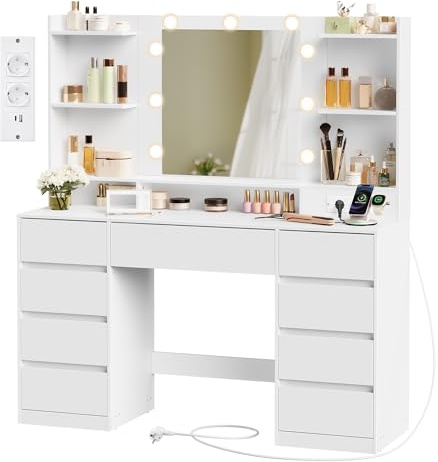 VASAGLE KAILYN Collection - Sminkbord med spegel och LED-ljus, grenuttag, 9 lådor, 9 dimbara glödlampor, 3 ljusfärger, verktygsfria glidskenor, molnvit RDT141WB02