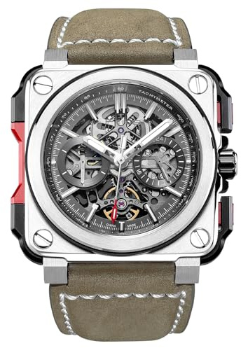 FEICE FM507 Eckige Herren Automatikuhr Armbanduhr Automatik Herrenuhr Braun | Skelettiertes Zifferblatt, Saphirglas, Analoganzeige, Leuchtzeiger, Wasserdicht bis 10 ATM, Lederarmband