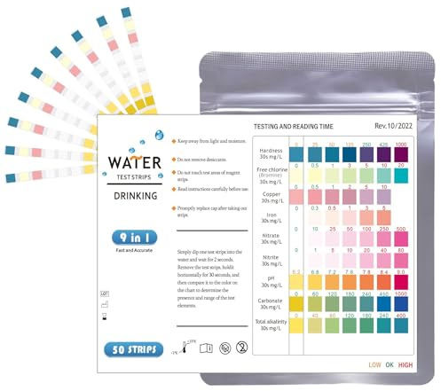 9-in-1 Drinking Water Test Strip Kit — pH, Hardness, Chlorine, Iron, Copper, Nitrate, Alkalinity, and More Ensure Drinking Water Safety Suitable for Drinking Water, Pond Water, Aquarium Water (60)