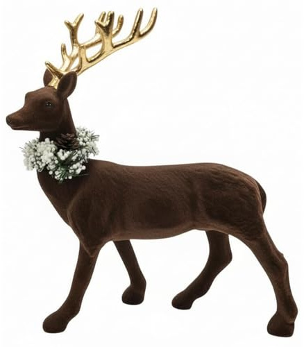 MACOSA AM26261 Deko Hirsch stehend Braun 49 cm Weihnachtsdeko Kunststoff beflockt Dekofigur Dekohirsch Hirschdekoration Weihnachten Winterdekoration groß