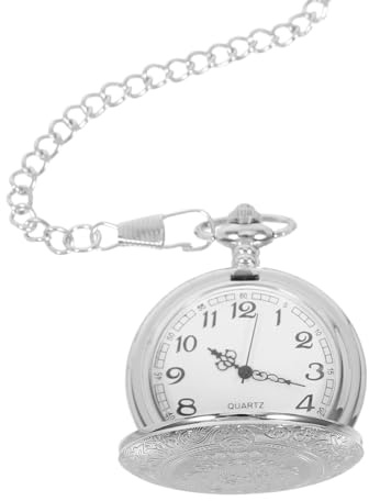 TEHAUX Klassische Silberne Mechanische Taschenuhr mit Kette, Vintage | Flip Cover, Präzises Uhrwerk, Legierung und Kunststoff, für Formelle und Legere Anlässe