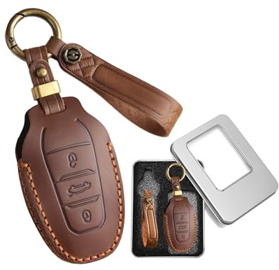 Jinhon Étui de clé de voiture en cuir de vachette - Convient pour C-itroen C3 C4 C5 P-eugeot 208 308 508 3008 pour Opel Grandland X Corsa F 2025 2024 2023 - Accessoires porte-clés - Marron