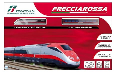 Pista Trenitalia Frecciarossa 500 Scala 1:43 con luci e Suoni - Treno Giocattolo 2 locomotive 2 vagoni e 3 tracciati binari - Funzionamento a Batteria - idea regalo