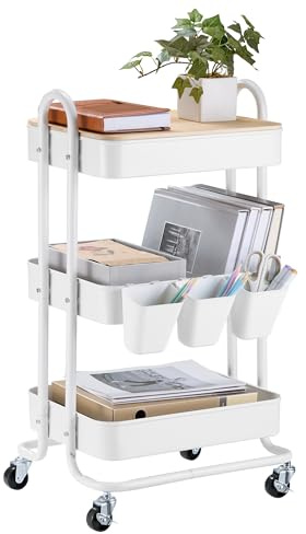 VonHaus White Storage Trolley - 3 Tier Bathroom Storage with 4 Wheels | Kitchen Trolley with Steel Frame & Bamboo Lid - Craft Cart with 3 Hanging Baskets & Hooks - Rolling Cart for Home Office