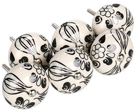 Sourcingmap 6 Pieces Vintage Shabby Knobs Black and White Floral Hand Painted Ceramic Pumpkin Cupboard Wardrobe Cabinet Drawer Door Handles Pulls Knob, Black Tillandsia