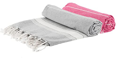 Nicola Spring Turkish Cotton Bath Towels - 170 x 90cm - Grey/Pink - Pack of 2 - Lightweight & Absorbent Large Adults Drying Beach Towel Bathroom Gym Cloth Sauna Hammam Shower Sheet