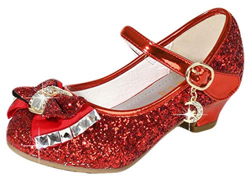 Mama Stadt Prinzessin Glitzer Schuhe Mädchen Stöckelschuhe Pailletten Cosplay Schuhe für Partys Hochzeiten Klett Sandalen Elegante mit Absatz, Rot/ 26