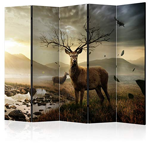 decomonkey Paravent Raumteiler Innen Hirsch 225x172 cm 5 Teilig Beidseitig Room Divider Wall Raumteiler Stehend Trennwand Sichtschutz Spanische Wand Sichtschutzwand Wohnzimmer Holz Tiere Natur