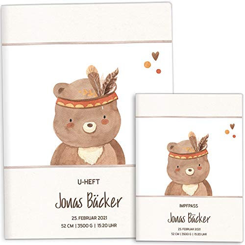 OLGS U-Heft und Impfpasshüllen Set Indianer Freunde Bär | Untersuchungsheft Hülle & Impfpasshülle, Schutzhüllen, Babygeschenk zur Geburt mit Namen - Impfpass, Uhefthülle personalisiert