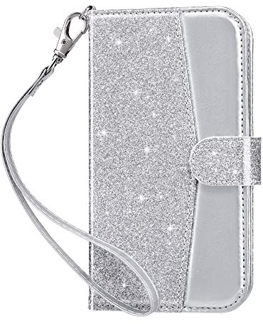 ULAK for iPhone 13 Case Wallet, Flip Case with Card Holder PU Leather + TPU Bumper Stand Cover Kickstand Full Protective Phone Case for iPhone 13 6.1 inch - Silver Glitter