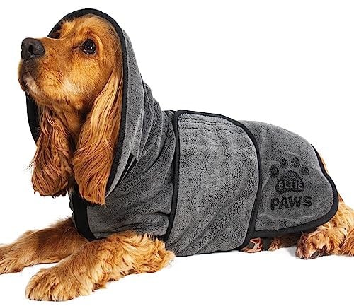 Elite Paws™ UK: Luxury Dog Drying Coat, Thicker & Softer Than Most Bath Robes, Dries Pets in About 20-30 Mins, Super Absorbent Microfibre, Limits Mess, Covers Ears, All-Season Dressing Gown Towel, M