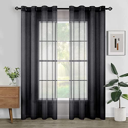 Woaboy Voile Gardinen Vorhänge Transparent Wohnzimmer mit Ösen Stores Gardinen Schlafzimmer Ösenvorhang Scheibengardine Schlaufengardinen Modern 2er Set 140x245 cm (B x H) Schwarz