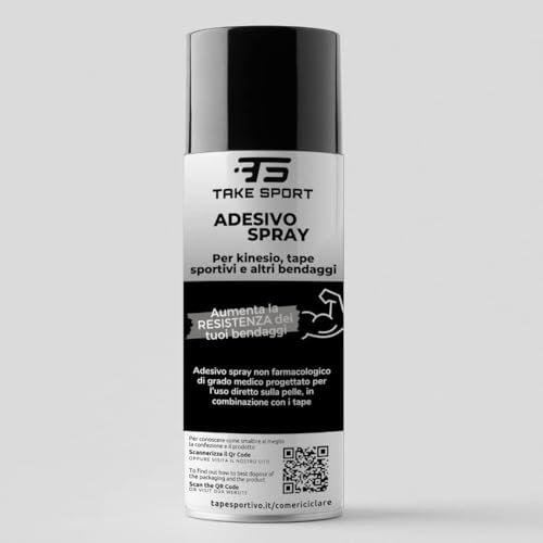 TS TAKE SPORT, NOVITÀ 2024! Adesivo Spray universale per tape, kinesio, tape sportivo 10 volte più RESISTENTI. Colla spray per fasciature e bendaggi sportivi. Rende i kinesio tape più duraturi. 118 ml