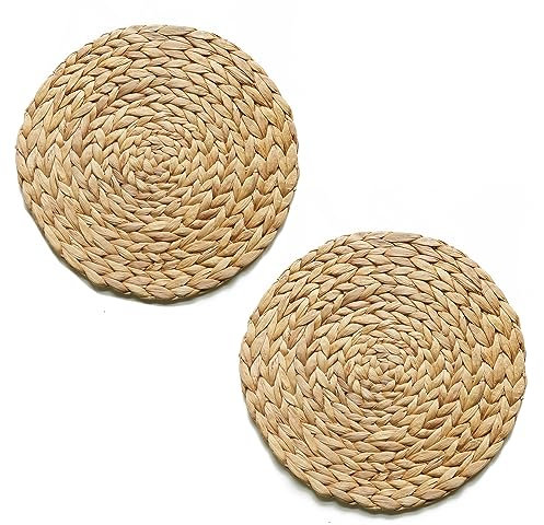 Teapro Round Woven Placemats - Set of 2 - Water Hyacinth Table Mats - Luxury Quality Wicker Place Mats - Natural Handmade Rattan Seagrass Kitchen Dining Table Accessories (30cm)