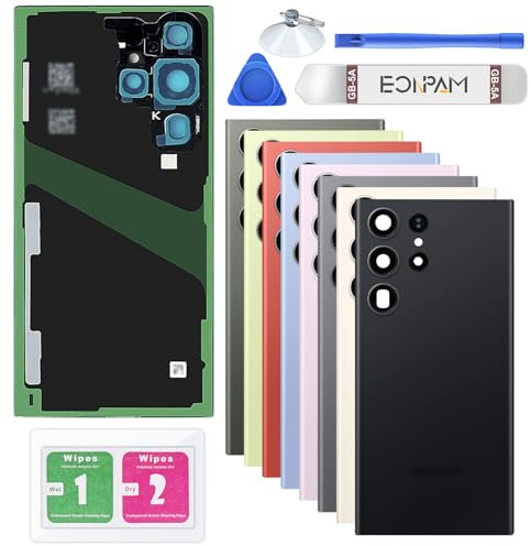 Eonpam Vitre Arrière pour Samsung Galaxy S23 Ultra Origine Couvercle Batterie Remplacement avec Lentille de Caméra + Kit Réparation (Noir)