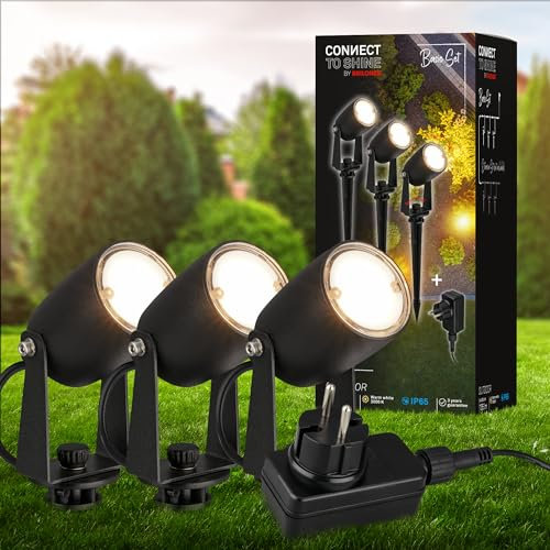 BRILONER - Connect to Shine 12V Gartensystem 3er Set LED Strahler mit Erdspieß, Basisset mit Trafo, IP65, warmweißes Licht, Gartenbeleuchtung, LED Gartenstrahler, 25,5x4 cm, Schwarz