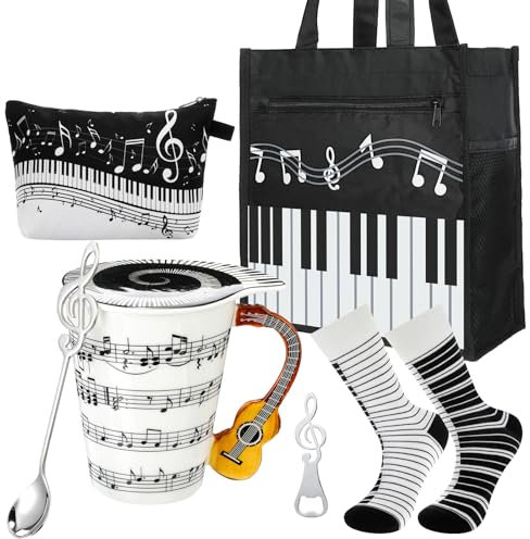 Potchen 6 Piece Music Gifts Set Include Ceramic Musician Coffee Mug Music Handbag Music Cosmetic Bag Piano Sock Guitar Bottle Opener Music Stainless Steel Spoon for Teacher Students Art Lovers